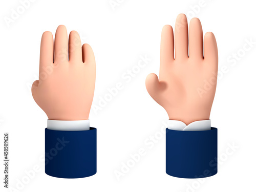 Vector cartoon open palm, hello gesture. Five fingers, hello palm isolated on white background. Cartoon character hand goodwill gesture.