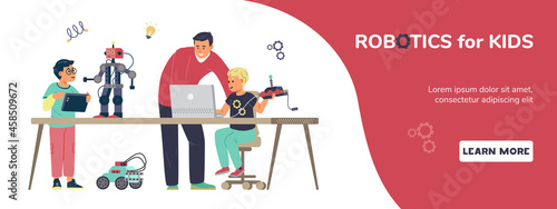 Robotics for kids horizontal vector banner. Boys with teacher engineering and programming robots.
