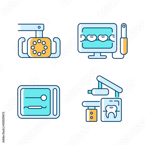 Dental devices RGB color icons set. Lightening oral cavity. Intraoral camera. UV sterilizer box. X-ray equipment. Teeth treatment. Isolated vector illustrations. Simple filled line drawings collection