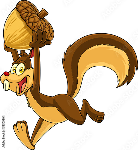 Happy Squirrel Cartoon Mascot Character Running With Acorn. Vector Hand Drawn Illustration Isolated On Transparent Background