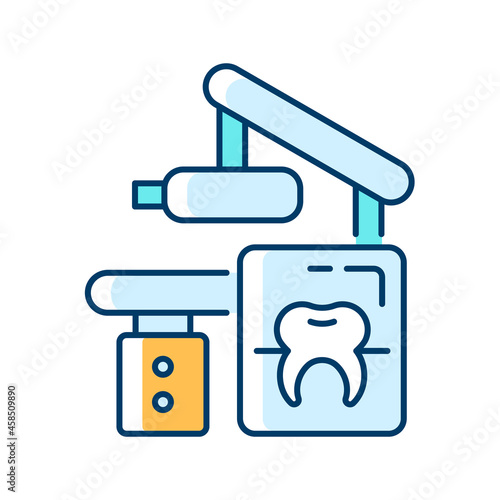 Dental x-ray equipment RGB color icon. Capturing patient mouth in one image. Radiographic procedure for diagnostics. Dental imaging technology. Isolated vector illustration. Simple filled line drawing