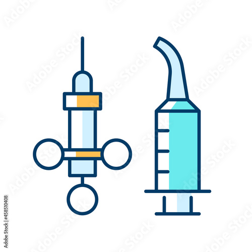 Dental irrigation syringe RGB color icon. Delivering local anesthetic. Dental supplies. Needle for intraoral injections. Performing procedure. Isolated vector illustration. Simple filled line drawing
