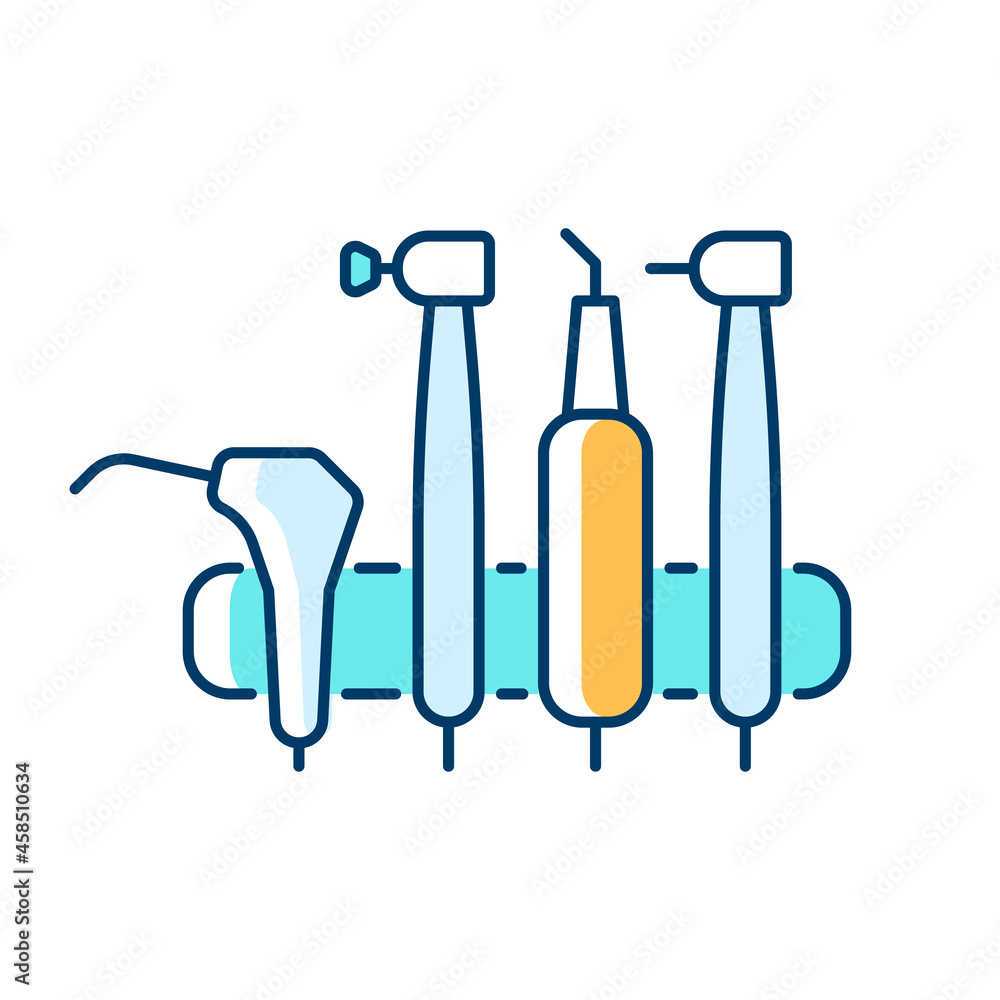 Dental machine unit RGB color icon. Medical tools for dental professional. Orthodontic instruments. Equipment for manipulating with teeth. Isolated vector illustration. Simple filled line drawing Dental machine unit RGB color icon. Medical tools for dental professional. Orthodontic instruments. Equipment for manipulating with teeth. Isolated vector illustration. Simple filled line drawing