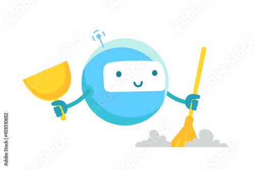 Round robot cleaner. Housework cleaning service. With broom and scoop. Vector illustration.
