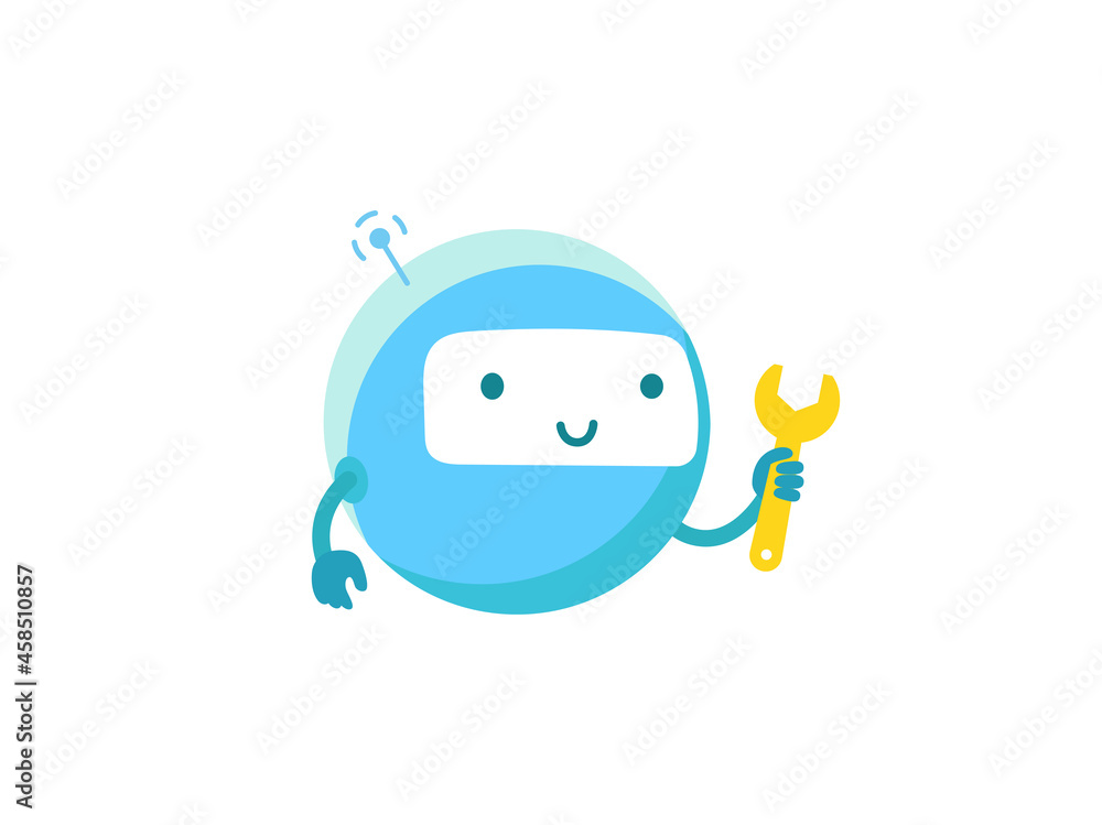 Round robot with wrench. Repairs service. Support service-center repair. Cartoon vector. Character mascot. Round robot with wrench. Repairs service. Support service-center repair. Cartoon vector. Character mascot.