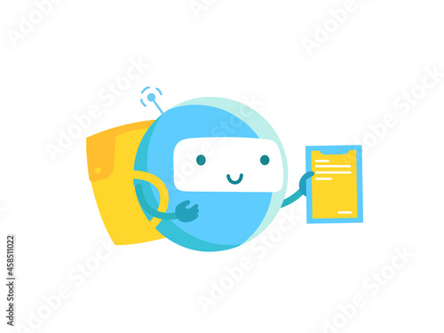 Round robot delivery service. Courier with a backpack. Vector illustration.