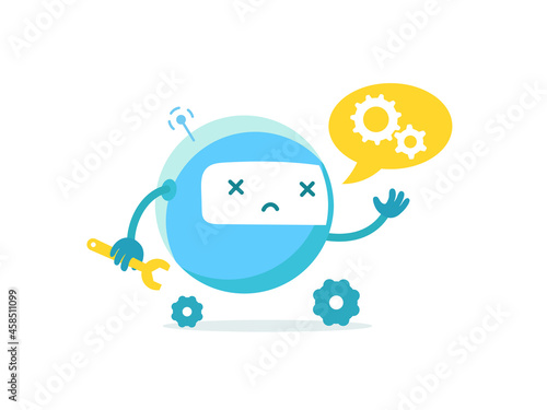 Round robot broken. Repairs service. Page not found error 404. Critical error. Support service-center repair. Vector flat.