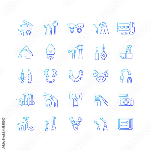 Dentistry tools and materials gradient linear vector icons set. Dental procedures. Tooth repairing, treatment. Thin line contour symbols bundle. Isolated outline illustrations collection