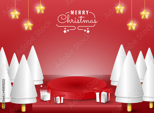 3d podium merry christmas banner with tree and gift box