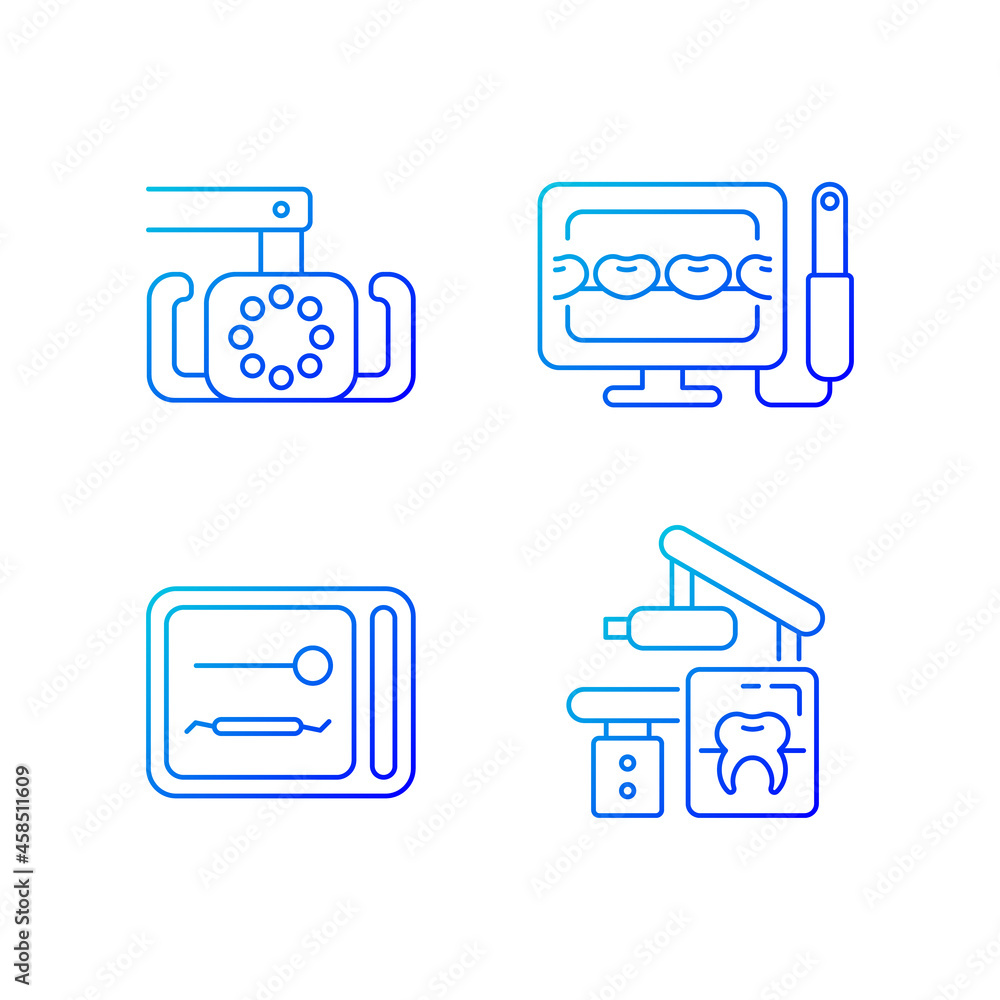Dental devices gradient linear vector icons set. Lightening oral cavity. Intraoral camera. UV sterilizer box. Thin line contour symbols bundle. Isolated outline illustrations collection Dental devices gradient linear vector icons set. Lightening oral cavity. Intraoral camera. UV sterilizer box. Thin line contour symbols bundle. Isolated outline illustrations collection