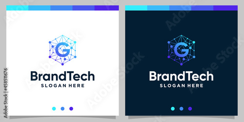 Blockchain technology abstract logo gradient with initial letter logo. Premium Vector