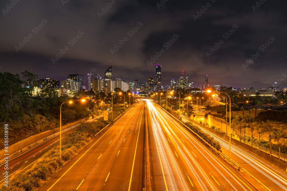 Brisbane City, Queensland Australia Downtown Region Freeway Highway Lights streaks cars vehicle headed to city