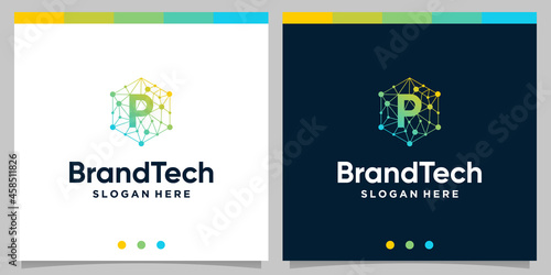 Blockchain technology abstract logo gradient with initial letter logo. Premium Vector