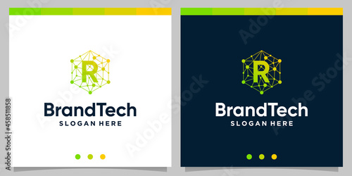 Blockchain technology abstract logo gradient with initial letter logo. Premium Vector
