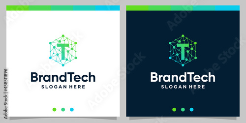 Blockchain technology abstract logo gradient with initial letter logo. Premium Vector