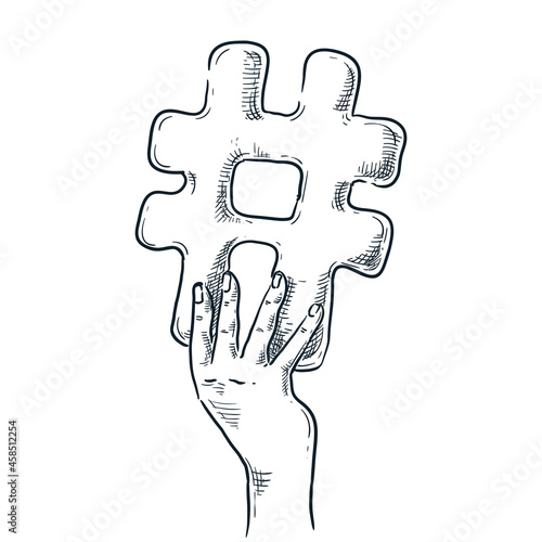 Human hand holding hashtag sign. Vector hand drawn sketch illustration. Social network communication doodle icon