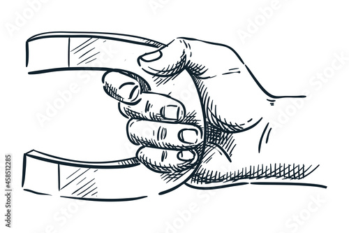 Human hand holding magnet. Vector hand drawn sketch illustration. Business, marketing attraction or science concept