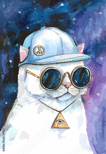 Watercolor hand drawn art vector illustration. White cat in baseball cap and sunglasses on galaxy background.