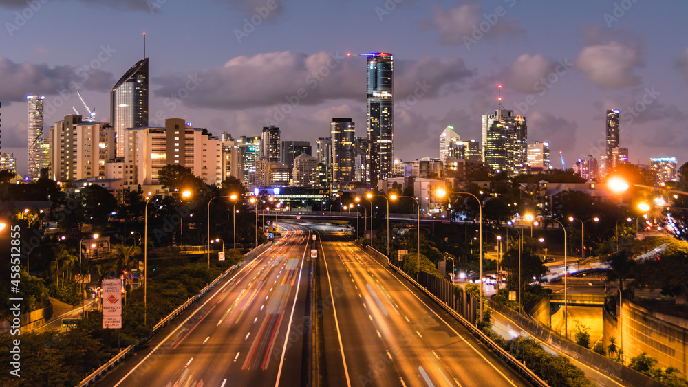 Brisbane City, Queensland Australia Downtown Region Freeway Highway Lights streaks cars vehicle headed to city