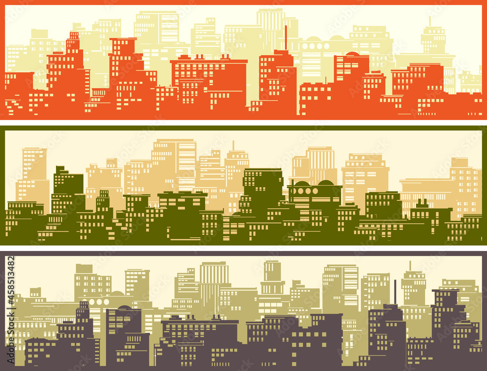 Set of vector horizontal banners of childish stylized big city with downtown and skyscrapers in bright tone.