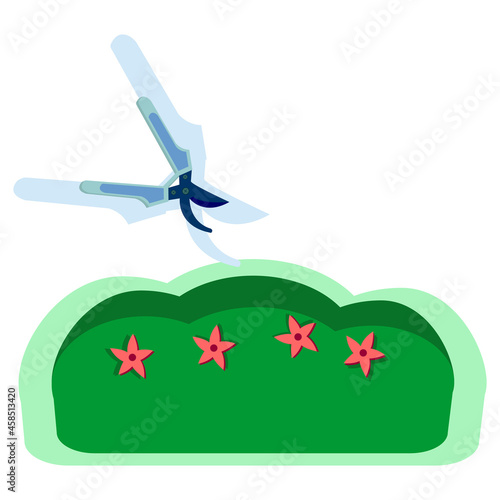 vector flower bed with blue pruning shears for plants