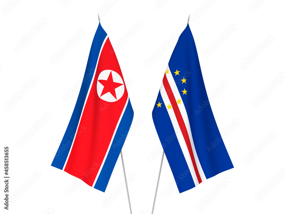 National fabric flags of Republic of Cabo Verde and North Korea isolated on white background. 3d rendering illustration.