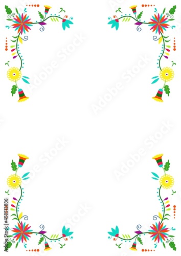 Mexican traditional Otomi embroidery style. Flower ornamental frame isolated on white background . Copy space for text. For cover  greeting card  wedding party invitation  banner  restaurant menu.