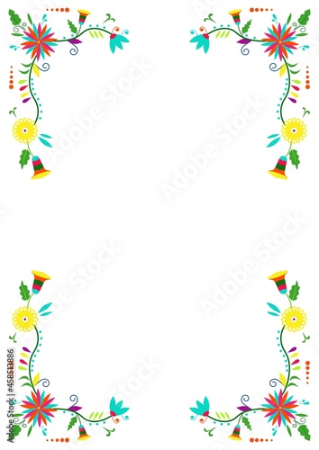 Mexican traditional Otomi embroidery style. Flower ornamental frame isolated on white background . Copy space for text. For cover, greeting card, wedding party invitation, banner, restaurant menu.