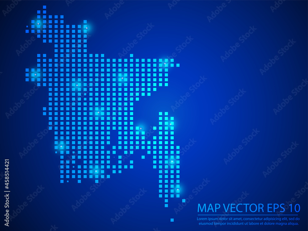 Pixel mosaic glow blue dot map with light on blue background of map of Bangladesh symbol for your web site design map logo, app, ui, Travel vector eps10.