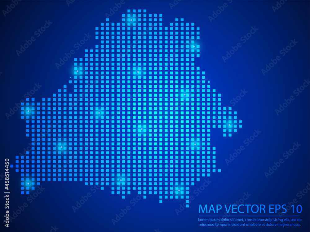 Pixel mosaic glow blue dot map with light on blue background of map of Belarus symbol for your web site design map logo, app, ui, Travel vector eps10.