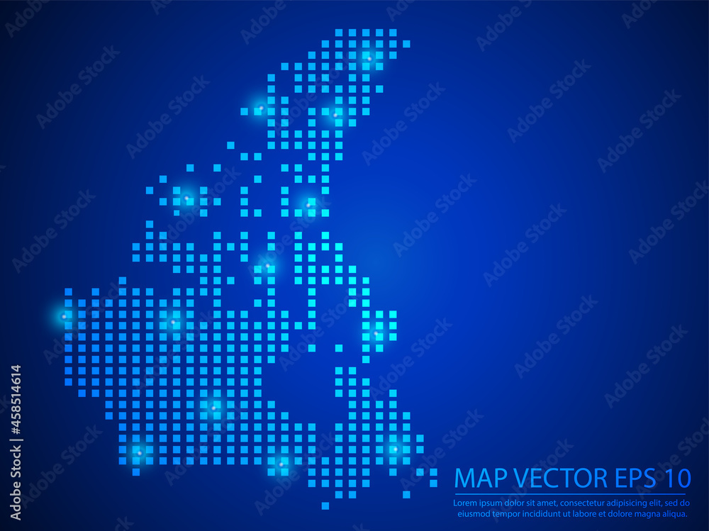 Pixel mosaic glow blue dot map with light on blue background of map of Canada symbol for your web site design map logo, app, ui, Travel vector eps10.
