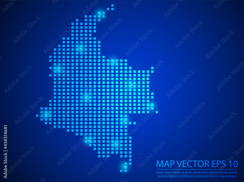 Pixel mosaic glow blue dot map with light on blue background of map of Colombia symbol for your web site design map logo, app, ui, Travel vector eps10.