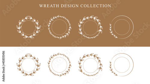 Hand drawn round floral frames. Sketch flower, leaves and branches decoration wreath. Circle flower frame, laurel wreath border or Victorian branch vignette. Isolated vector symbols set