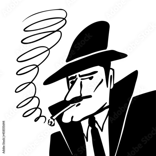 Gentleman in hat and suit smoking a cigarette with mysterious look. Mafia man, spy, gangster silhouette. Hand drawn black and white vector illustration.