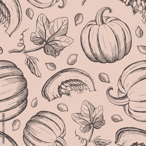 Seamless pattern with hand drawn pumpkin harvest elements. Pumpkin, leaves, flowers, seeds isolated on pink background. Design for textile, wrapping paper, wallpaper.