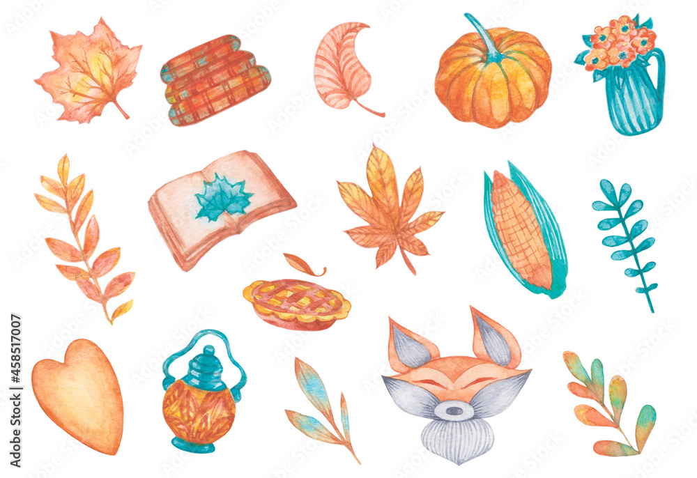 Cozy autumn watercolor set isolated on white. Hand drawn season illustrations pumpkin, leaves, fox, book and corn. Suitable for posters, invitations, stickers, greeting cards, banners.