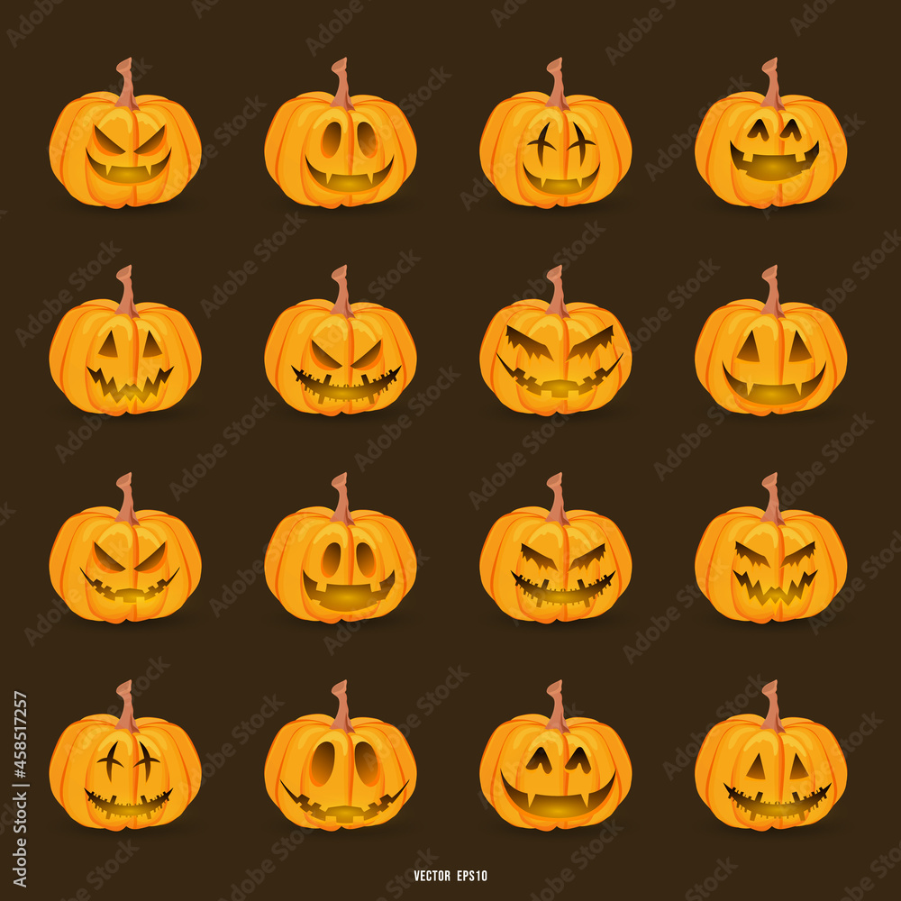 Halloween pumpkin carving faces set with Funny and scary eyes and mouths. Emojis for Halloween day for content online or web, banner and template , Flat cartoon flat style. illustration Vector EPS 10 Halloween pumpkin carving faces set with Funny and scary eyes and mouths. Emojis for Halloween day for content online or web, banner and template , Flat cartoon flat style. illustration Vector EPS 10