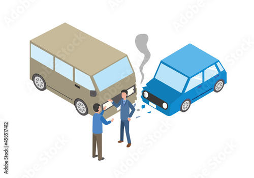 車同士の事故と話し合う運転手のアイソメトリックイラスト