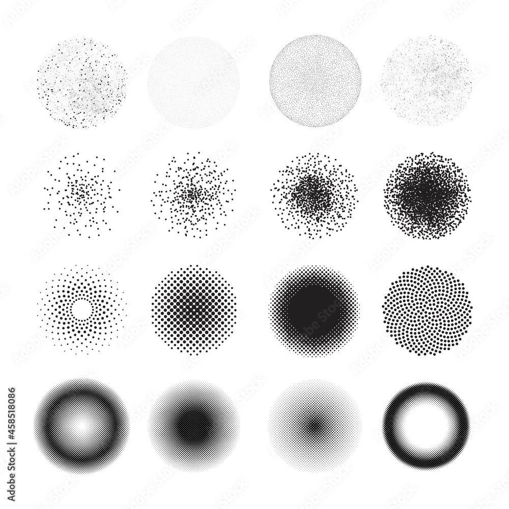 Set of half tone circles, black and white dot design elements, stipple effect. Vector illustration isolated on white background, EPS 10