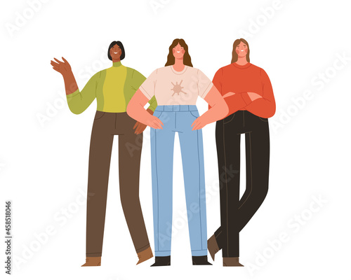 Group of three young strong women standing together. Female friendship, sisterhood or feminist activists. Girl power. Cartoon flat vector illustration.