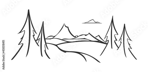Vector mountains sketch landscape with pines on foreground. Otline design.