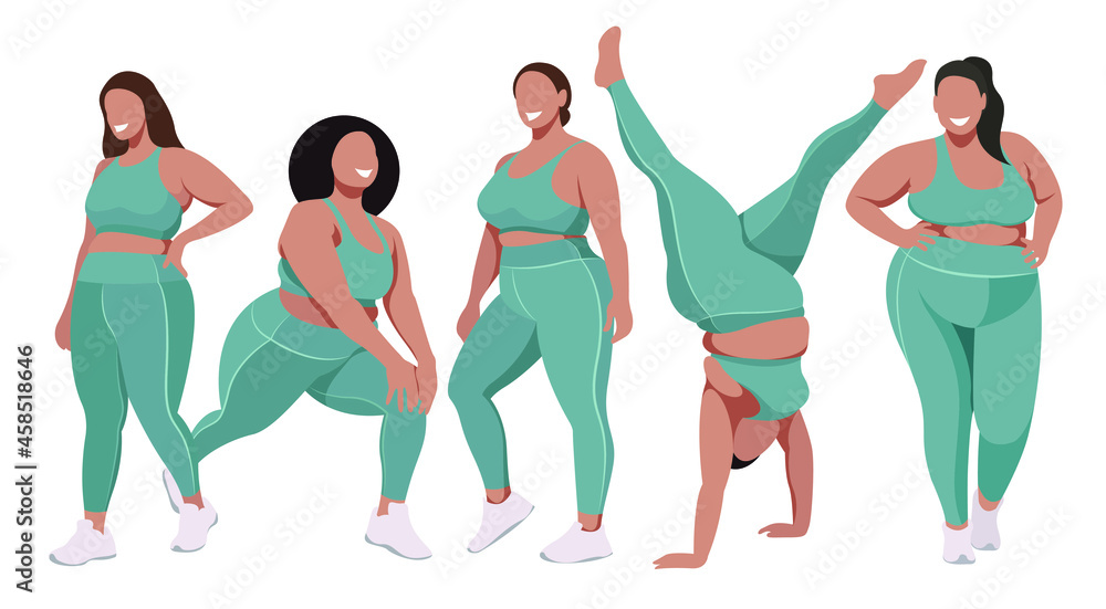 vector flat illustration on the topic of body positivity and physical activity. a group of healthy girls of natural beauty in leggings and sports bras are engaged in fitness. each figure is isolated. vector flat illustration on the topic of body positivity and physical activity. a group of healthy girls of natural beauty in leggings and sports bras are engaged in fitness. each figure is isolated.