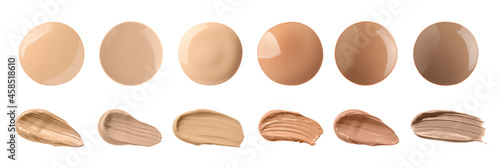 Set with different shades of liquid skin foundation on white background, top view. Banner design