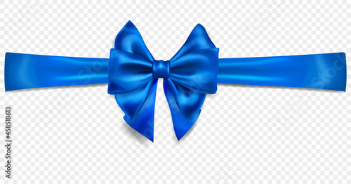 Beautiful blue bow with horizontal ribbon with shadow, isolated on transparent background. Transparency only in vector format