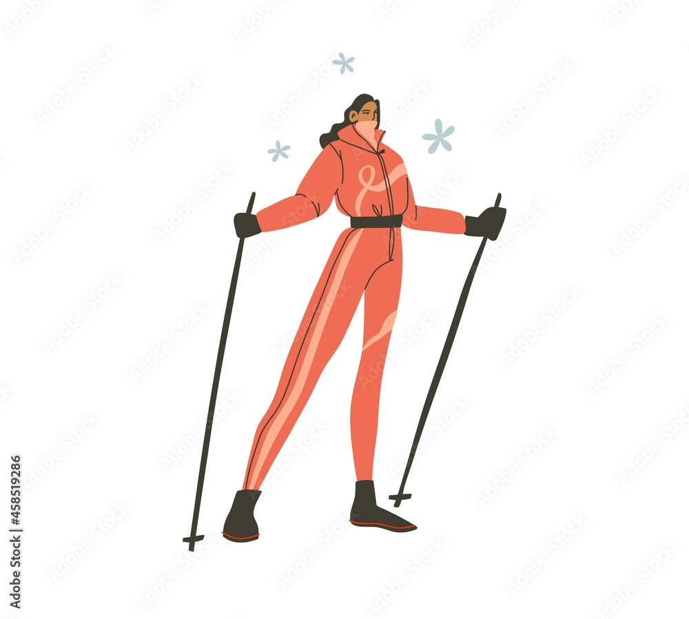 Fototapeta premium Hand drawn vector abstract flat stock modern graphic Happy New Year and Merry Christmas illustration cartoon character design,of young happy woman in winter skier costume outdoor.