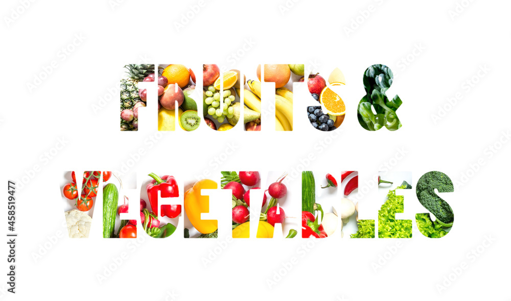 Different fruits and vegetables in the form of words fruits and vegetables isolated on a white background. Different fruits and vegetables in the form of words fruits and vegetables isolated on a white background.