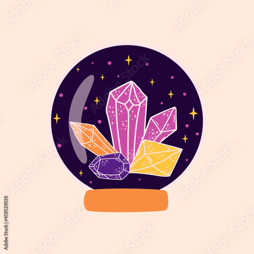 Magic crystal ball with crystals. Crystal logo Fortune teller crystal ball. Witchcraft magic symbol. Halloween graphic element. Alchemy vector illustration isolated crystal ball Mystic spiritual logo.
