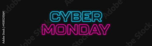 Cyber Monday banner with glowing neon sign text. Retro cyberpunk style web banner design template for Cyber Monday sale. 