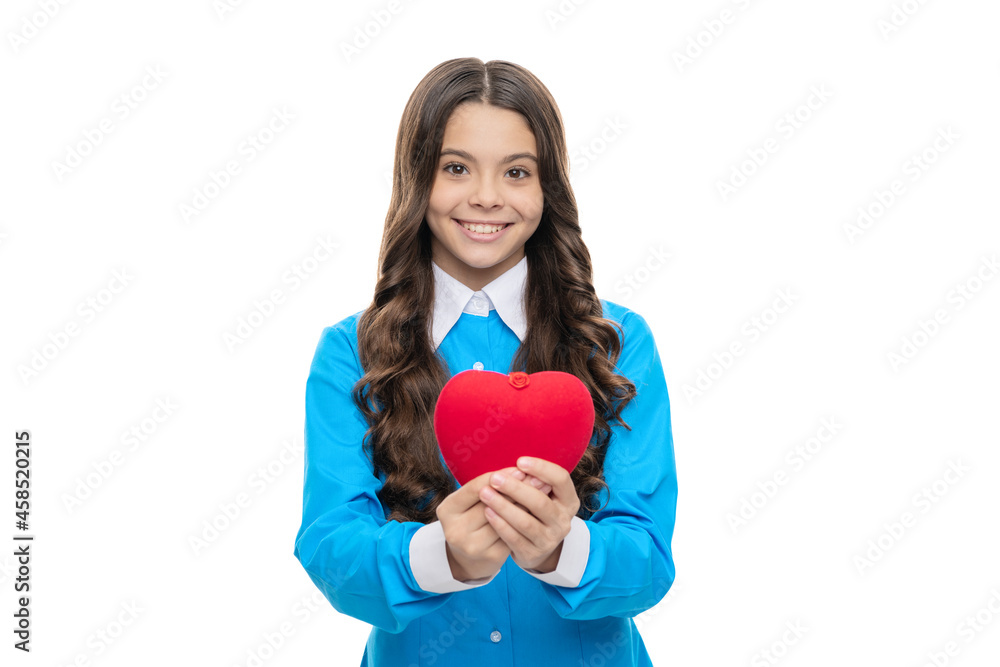 Happy child hold red valentines heart love symbol isolated on white, romance Happy child hold red valentines heart love symbol isolated on white, romance