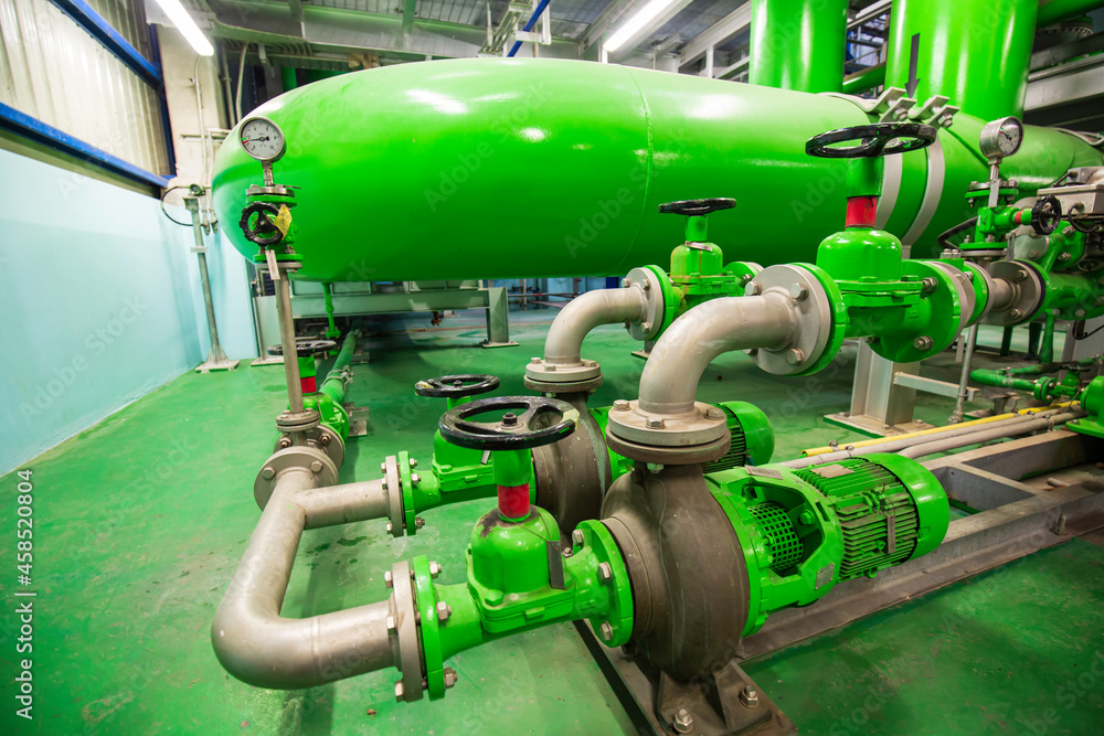 Green pipeline and valve equipment for water supply system control room Green pipeline and valve equipment for water supply system control room